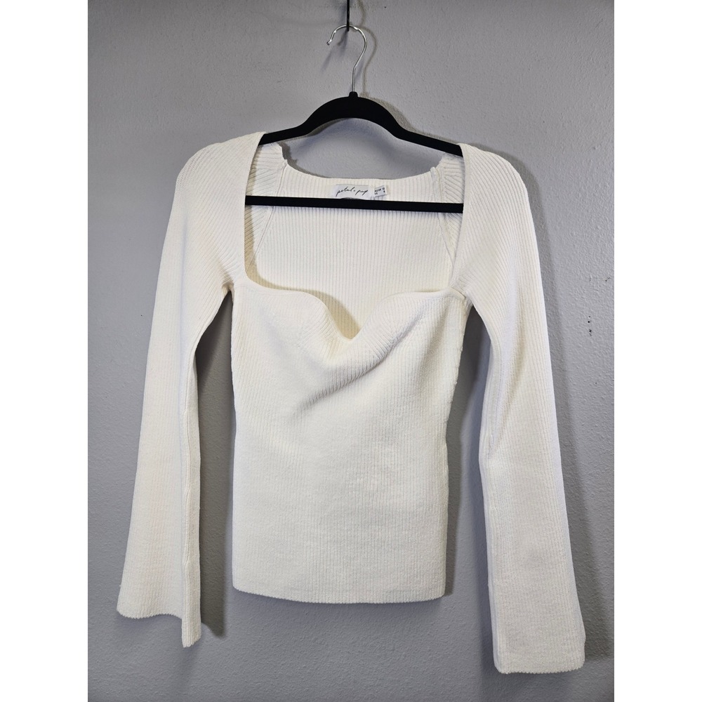 Petal & Pup Ribbed Sweetheart Neckline Bell Sleeve Knit Sweater Top White US 8